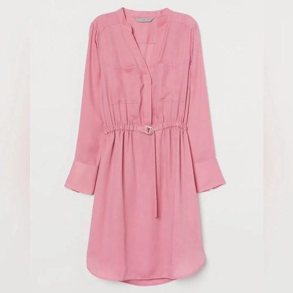 H&M Pink  with Gold V Neck Long Sleeve Dress, belt front - Size XXS Barbie - Picture 9 of 11